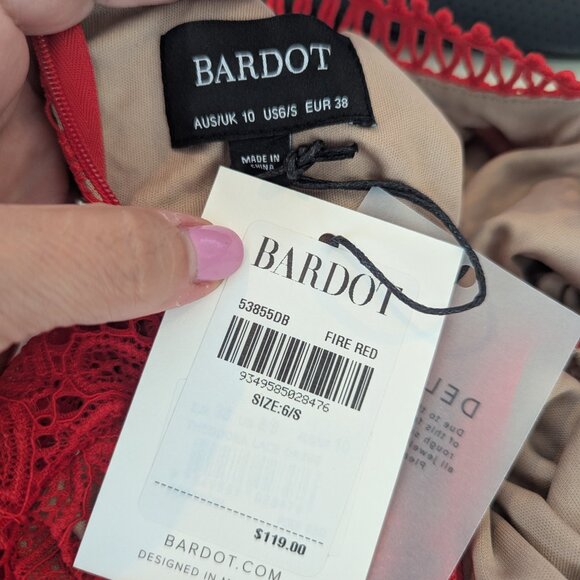 Bardot Lace Dress Medium Red Ruffle Mini - Picture 8 of 9